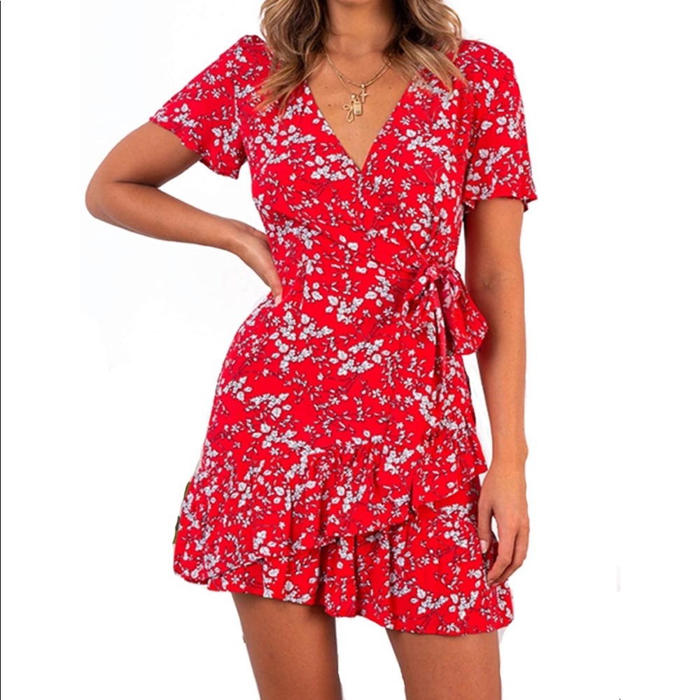 Red Floral Wrap Dress